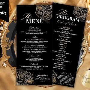 Puede incluir: Dos tarjetas rectangulares negras con arte lineal floral dorado en la parte superior e inferior. La tarjeta izquierda se titula The Menu, listando platos y bebidas. La tarjeta derecha se titula The Program, listando los horarios del evento.