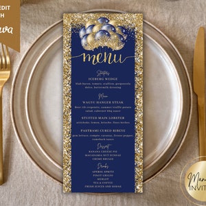 Bewerkbare blauwgouden glitterballonnen diner menukaart verjaardag, afdrukbare evenementmenu en drankkaart, bewerkbare sjabloon, direct downloaden