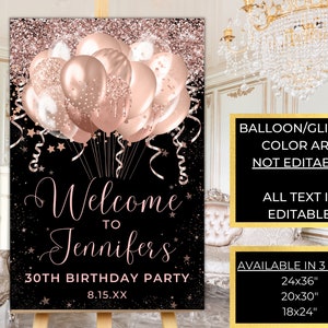 Rose Gold Glitter Balloons Printable Welcome Sign, Birthday Party Sign, Graduation Sign, Entrance Sign, Editable Template, Instant Download image 2