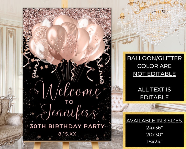 Rose Gold Glitter Balloons Printable Welcome Sign, Birthday Party Sign, Graduation Sign, Entrance Sign, Editable Template, Instant Download image 2