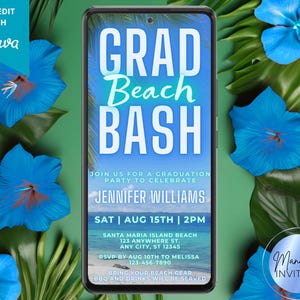 Digital Grad Beach Bash Tropical Luau BBQ Pink Blue Graduation Party Invitation, Phone Evite, Editable Template, Instant Download, TB12