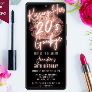Elektroniczne zaproszenie na przyjęcie urodzinowe Kissing Her 20's Goodbye 30th, cyfrowe zaproszenie na telefon, różowe złoto, edytowalny szablon, natychmiastowe pobranie