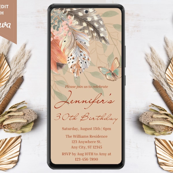 Digital Boho Bohemian Birthday Party Invitation, Electronic Phone Text Email Evite, Butterfly Feathers, Editable Template, Instant Download