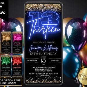 Digital 13th Birthday Neon Gold Glitter Glam Party Invitation, Neon Glow Party, Phone Evite, Editable Canva Template, Instant Download, NG48