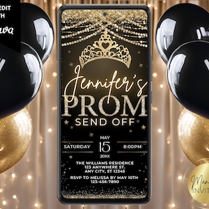 Digital Prom Send Off Black Gold Diamonds Party Invitation, Prom Queen, Electronic Phone Text Evite, Editable Template, Instant Download