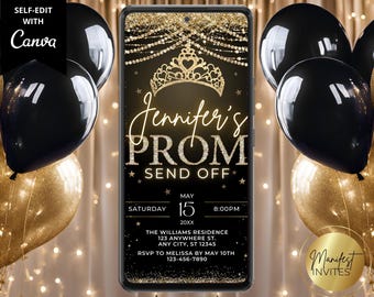Digital Prom Send Off Black Gold Diamonds Party Invitation, Prom Queen, Electronic Phone Text Evite, Editable Template, Instant Download