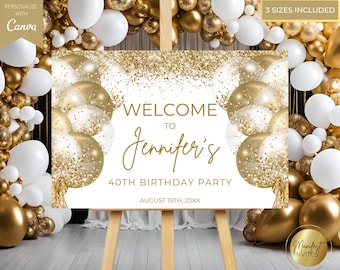 Editable White Gold Glitter Balloons Glam Welcome Sign Template, Printable Birthday Graduation Party Decor, Canva Template, Instant Download