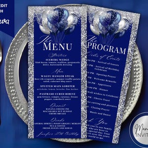 May include: Navy blue menu and program cards with silver glitter and balloon illustrations. The menu details starters, main courses, desserts, and drinks. The program lists the order of events for a celebration.
