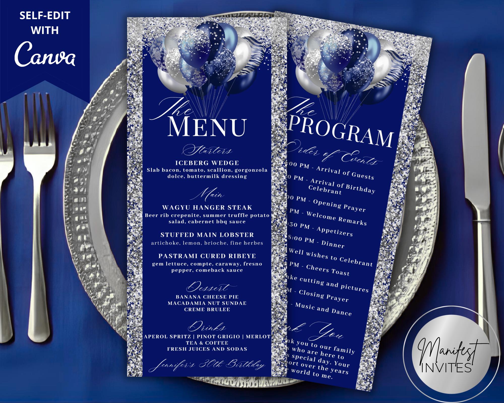 Editable Glam Blue Silver Glitter Balloons Menu Program and Thank You ...