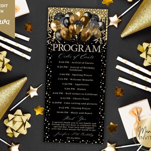 Könnte beinhalten: Ein schwarzes und goldenes Geburtstagsprogramm mit dem Text "PROGRAMM" und "Order of Events". Das Programm enthält einen Zeitplan der Veranstaltungen, mit goldenen und schwarzen Luftballons oben. Die Worte "Manifest Invites" sind ebenfalls sichtbar.