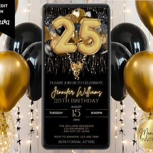 Convite digital para festa de 25 anos, balões pretos e dourados, aniversário adulto, convite eletrônico, modelo editável, download instantâneo, BG43