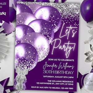 Invitation de fête d'anniversaire glam modifiable Let's Party, ballons à paillettes argentées violets, carte à imprimer, modèle de toile, téléchargement immédiat