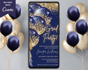 Digital Graduation Party Invitation, Blue Gold Glitter Balloons, Electronic Phone Text Email Evite, Editable Template, Instant Download