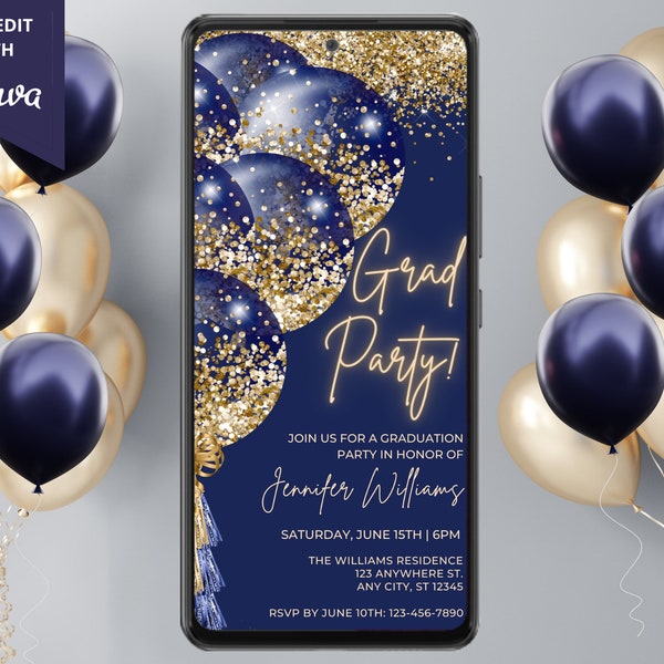 Digital Graduation Party Invitation, Blue Gold Glitter Balloons, Electronic Phone Text Email Evite, Editable Template, Instant Download