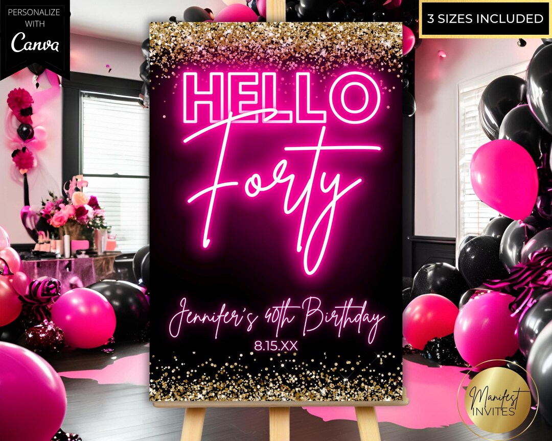 Editable Hello Forty 40th Birthday Party Glam Welcome Sign Template ...