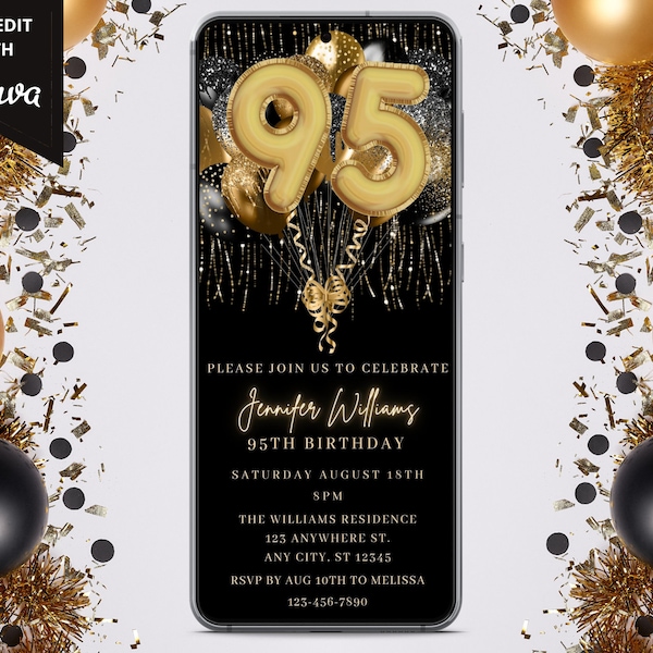 95th Birthday Party Digital Invitation, Electronic 95th Birthday Invite, Editable Template, Black Gold, Phone Text Evite, Instant Download