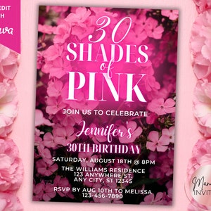 Editable Any Age Shades of Pink Birthday Neon Pink Floral Party Printable Invitation, Evite, Editable Template, Instant Download, PF01