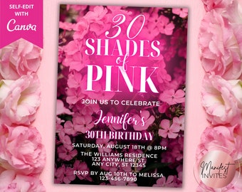 Editable Any Age Shades of Pink Birthday Neon Pink Floral Party Printable Invitation, Evite, Editable Template, Instant Download, PF01