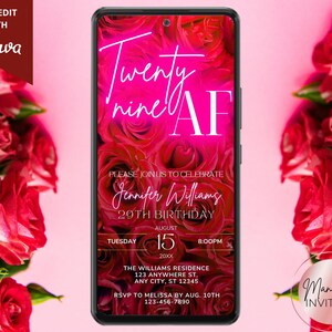 Digital 29 AF 29th Birthday Pink Neon Red Floral Roses Party Invitation, Electronic Evite, Editable Canva Template, Instant Download, PR98