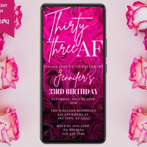Digital 33 AF Hot Pink Floral Roses 33rd Birthday Party Invitation, Electronic Phone Text Message Evite, Editable Template, Instant Download