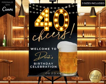 Letrero de bienvenida con cerveza para fiesta de 40 cumpleaños de hombre, editable, "40 hurras", decoración para fiesta de 40 cumpleaños, plantilla imprimible de Canva, descarga instantánea