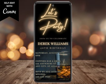 Electronic Men's Let's Party Birthday Party Whiskey Invitation, Digital Phone Text Email Evite, Editable Template, Instant Download, WM42