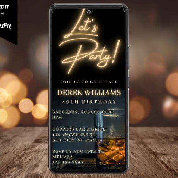 Electronic Men's Let's Party Birthday Party Whiskey Invitation, Digital Phone Text Email Evite, Editable Template, Instant Download, WM42