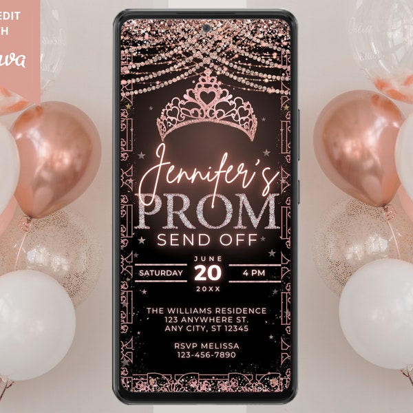 Digital Prom Send Off Rose Gold Diamonds Party Invitation, Electronic Phone Text Evite, Grad Party, Editable Template, Instant Download