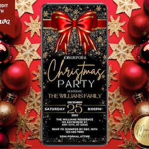 Digitale elegante rode strik uitnodiging kerstfeest vakantie, feestelijk kerstfeest, telefoontekst Evite, bewerkbare canvassjabloon, direct downloaden
