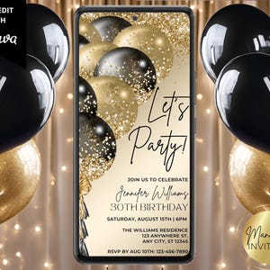 Digital Elegant Let&#39;s Party Black Gold Glam Glitter Balloons Birthday Party Invitation, Phone Evite, Editable Template, Instant Download
