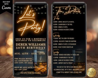 Digitale Männer Geburtstag Let's Party Whisky Wochenende Details Reiseplan Einladung, Telefon Text Evite, bearbeitbare Vorlage, Sofort Download, WM42