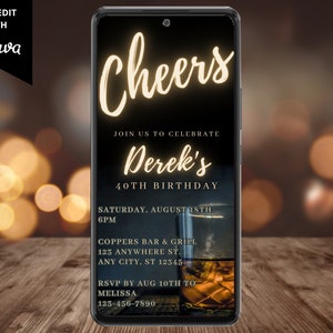 Electronic Men's Cheers Whiskey Birthday Party Invitation, Digital Phone Text Message Evite, Editable Template, Instant Download, WM42