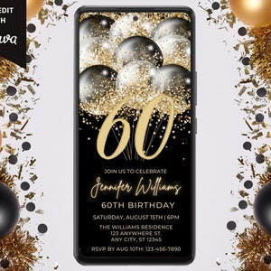 Digital 60th Birthday Invitation, Mobile Birthday Party Invite, Black Gold Balloons, Editable Template, Electronic Evite, Instant Download