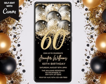 Digital 60th Birthday Invitation, Mobile Birthday Party Invite, Black Gold Balloons, Editable Template, Electronic Evite, Instant Download