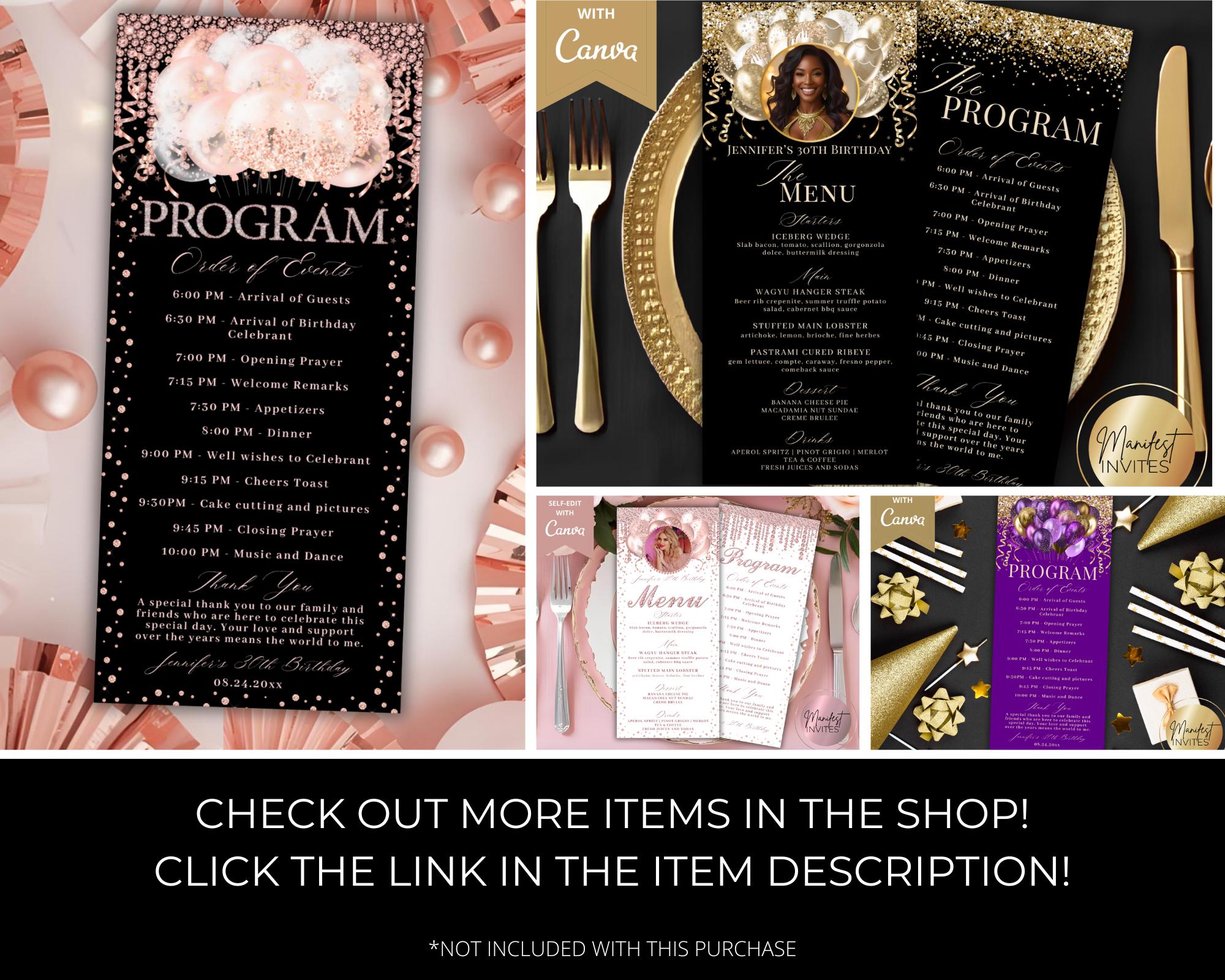 Editable Rose Gold Glitter Birthday Event Program Card Template ...