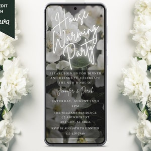 Electronic Housewarming Party Invitation, Digital New Home Invite, Neon White Flowers, Editable Template, Phone Text Evite, Instant Download