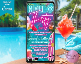 Digital Hello Thirty 30th Birthday Pool Party Invitation, Neon Tropical Summer Beach BBQ Invite, Phone Text Evite, Editable Canva Template