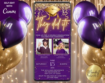 Digital Double Graduation Party They Did It Purple Photo Invitation, 2 Person Grad Party, Text Evite, Editable Template, Instant Download