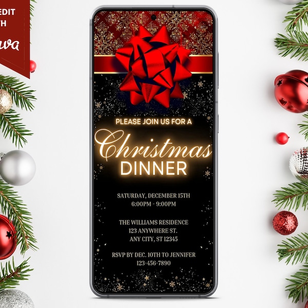 Digital Christmas Dinner Invitation, Electronic Christmas Party Invite, Holiday Party, Editable Template, Phone Text Evite, Instant Download