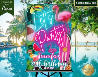 Let's Party Pool Party Birthday Welcome Sign, Tropical Luau Poster, Summer Beach BBQ Entrance Sign, Party Decor, Editable Canva Template