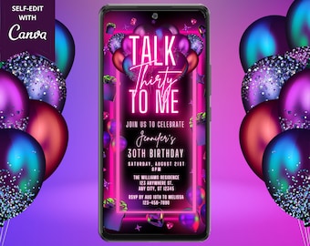 Digital 30th Talk Thirty To Me Birthday Party Pink Neon Balloon Invitation, Electronic Text Evite, Editable Template, Instant Download, PNB4
