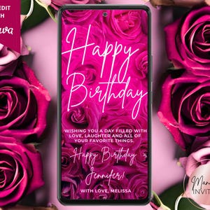 Digital Glam Women's Girl's Happy Birthday Greeting eCard, Neon Hot Pink Floral Roses, Text Email, Editable Canva Template, Instant Download