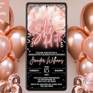Sie hat es geschafft Abschlussfeier Einladung, Neon Pink Rose Gold Glitter Glam Ballons, Text Evite, bearbeitbare Vorlage, Sofort Download