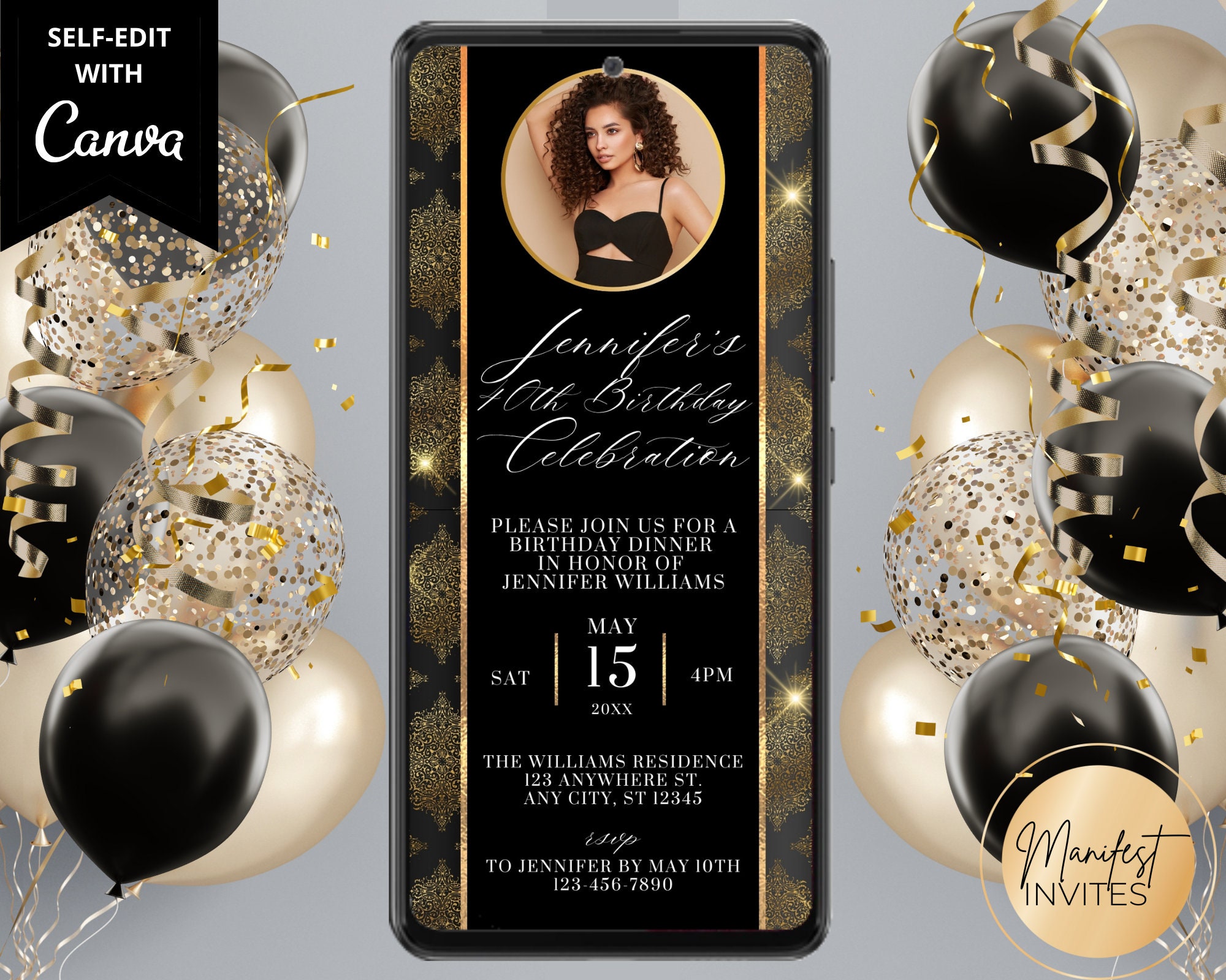Digital Black Gold Modern Photo Birthday Dinner Party Invitation ...