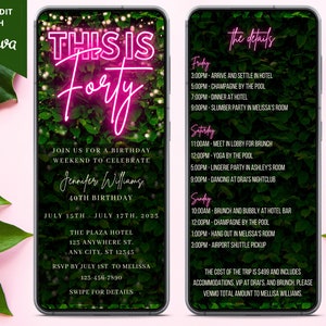 Electronic This Is Forty 40th Birthday Weekend Invitation, Digital Itinerary, Pink Neon Greenery, Editable Template, Evite, Instant Download