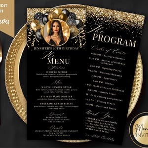 Menú fotográfico editable con globos dorados y negros con purpurina, programa y tarjeta de agradecimiento, itinerario de cumpleaños o graduación, plantilla imprimible de Canva.