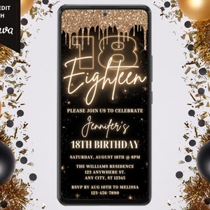 Digital Eighteen 18th Birthday Party Invitation, Electronic Mobile Text Evite, Gold Glitter Drip, Modèle modifiable, Téléchargement instantané, GGD02