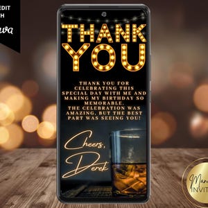 Tarjeta de agradecimiento digital de whisky para hombres, despedida de soltero, mensaje de texto telefónico de Evite, plantilla editable de Canva, descarga instantánea, WM42
