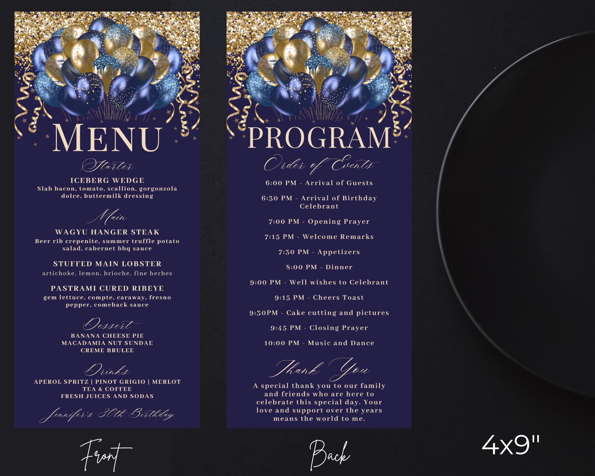 Grad Balloon Menu Editable Navy Blue Gold Glitter Balloons Menu Program and Thank You ...
