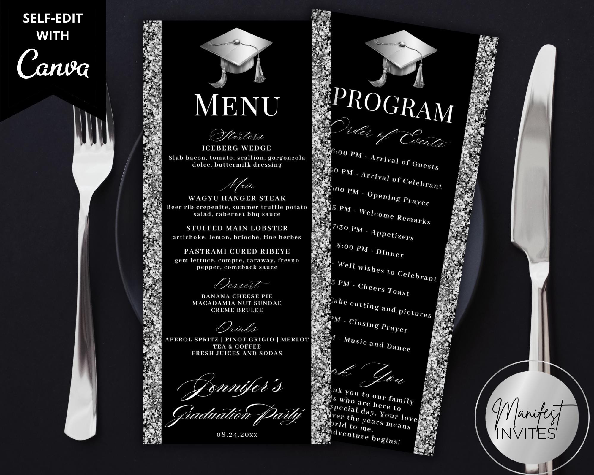 Editable Modern Graduation Black Silver Dinner Menu Card and Program ...